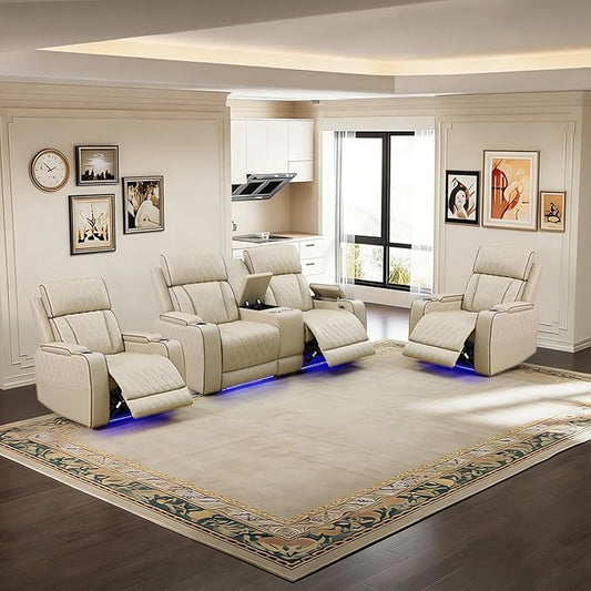 Power Leather Recliner Sofa Set with LED Light,Reclining Loveseat and 2*Chairs Set with Storage Console/USB Port/Cup Holder,Leather Couch for Living Room Furniture Sets(2+1+1 Seats,Beige)