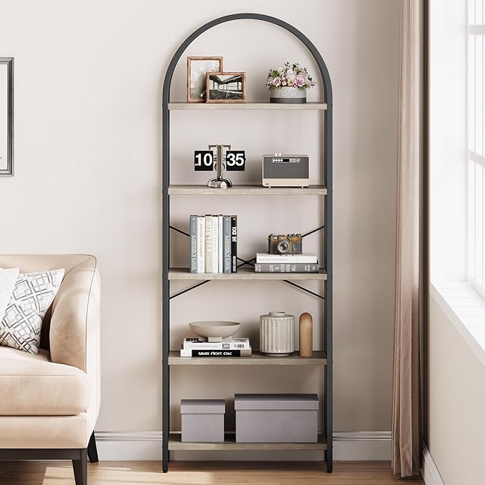 CABIHOME Bookshelf Tall Bookcase Arched Standing Bookshelves Modern Display Racks 5 Tier Storage Rack Shelf Large Wood Book Shelf for Bedroom, Living Room, Home Office