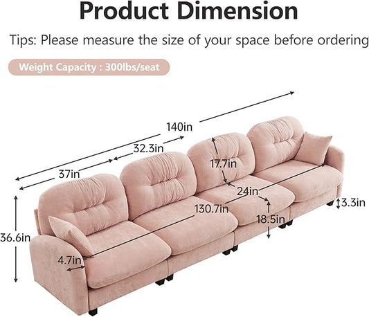 KEIKI 140" Oversized Chenille Modular Sectional Sofa with High-Density Foam Cushion and Tufted Pleated Cushion Backrest, Upholstered Modern 4-Seater Cloud Couch with 2 Pillow, for Living Room, Pink