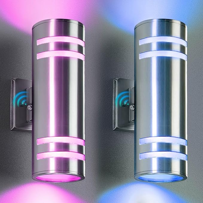Smart Stainless Steel Outdoor Wall Light 2 Pack, WiFi RGB Up and Down Sconce with Dusk to Dawn Sensor, Color Changing Exterior Lighting Fixtures, Compatible with Alexa & Google, Remote Included