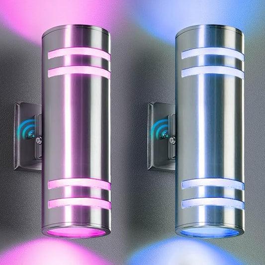 Smart Stainless Steel Outdoor Wall Light 2 Pack, WiFi RGB Up and Down Sconce with Dusk to Dawn Sensor, Color Changing Exterior Lighting Fixtures, Compatible with Alexa & Google, Remote Included