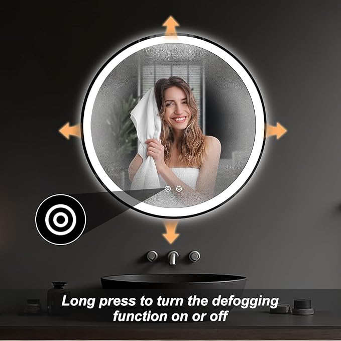 Simple Deluxe Round LED Bathroom Mirror with Lights, Smart Anti-Fog LED Bathroom Mirror with Circular Dual Lights and 3-Color Temperature Memory dimming (28inch)