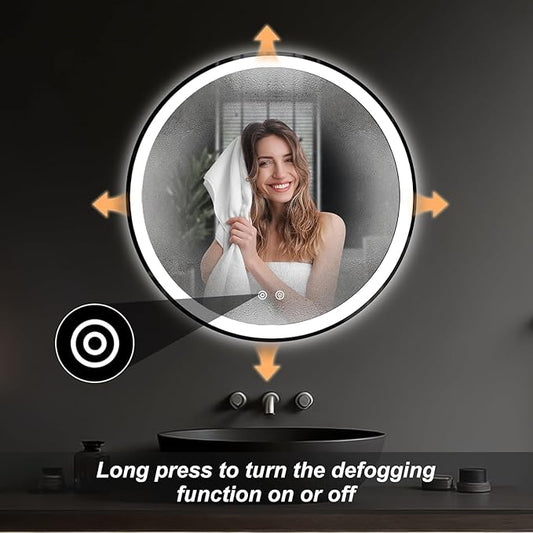Simple Deluxe Round LED Bathroom Mirror with Lights, Smart Anti-Fog LED Bathroom Mirror with Circular Dual Lights and 3-Color Temperature Memory dimming (28inch)