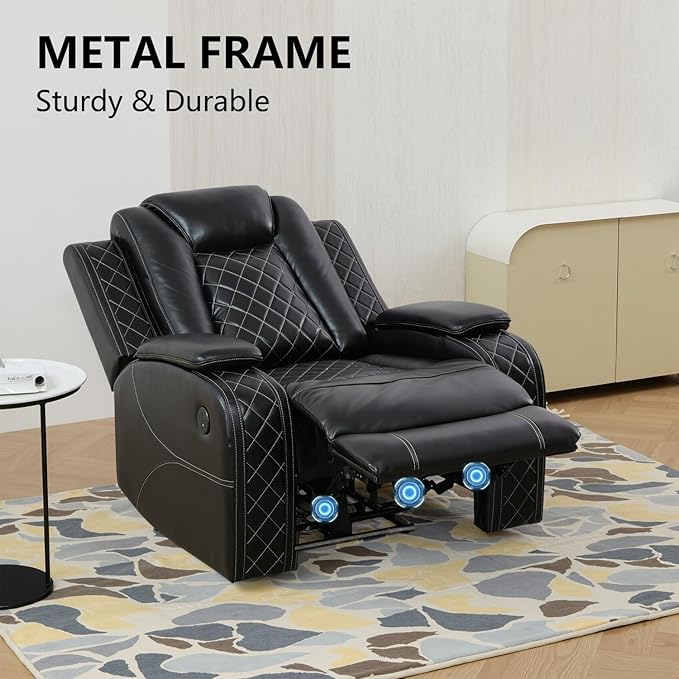 Power Recliner Sectional Sofa Set with Chair, Leather Reclining Couch Set for Living Room, Black Air Leather Recliner Sectional with Storage Console/Cup Holders/USB Ports/LED