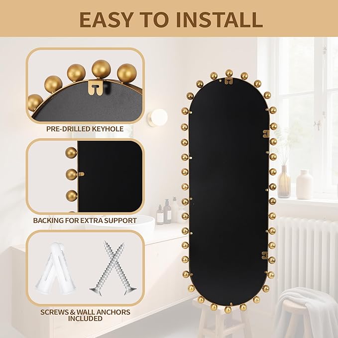 Oval Full-Length Wall Mounted Mirror 20" x 51", Antique Gold Beaded Beveled Mirror with Ball Frame, Vertical & Horizontal Hanging Wall Mirror for Bathroom, Bedroom, Dressing Room, Entryway