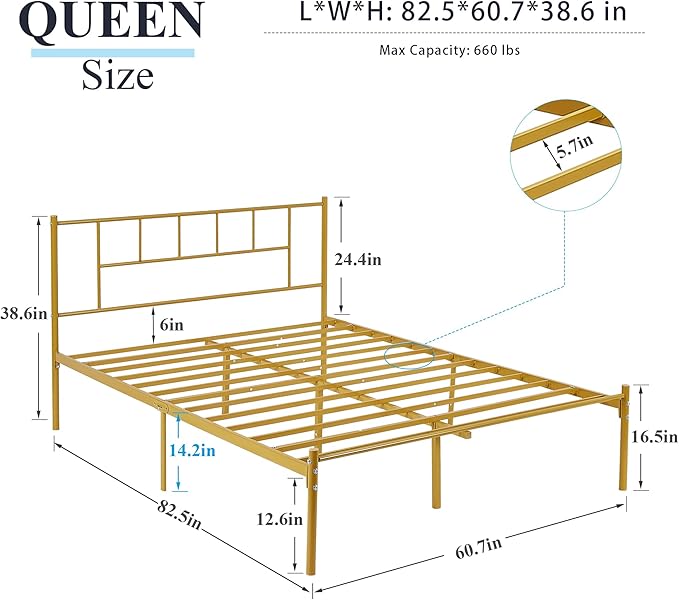 VECELO Queen Metal Platform Bed Frame with Headboard, Heavy Duty Steel Slat Support, Under Bed Storage,No Box Spring Needed, Easy Assembly