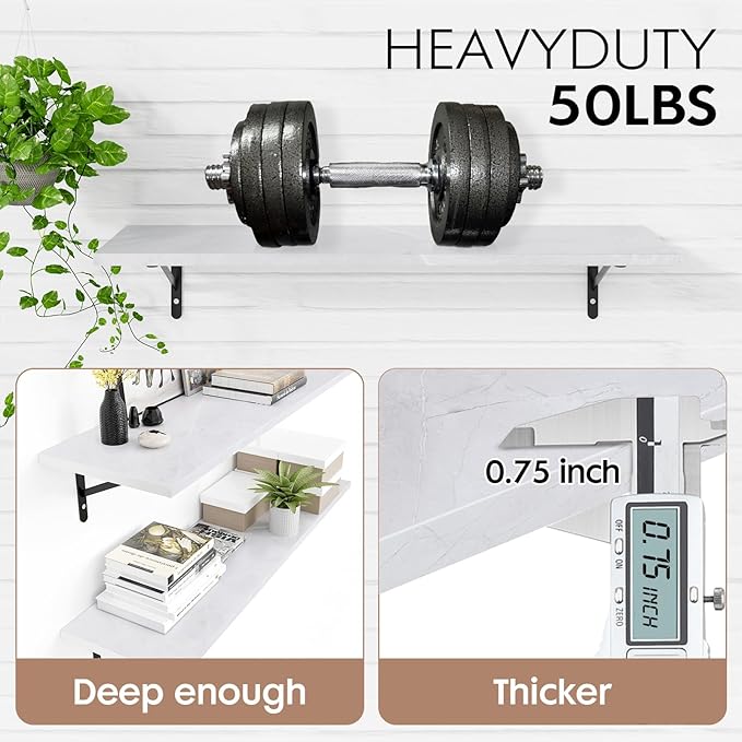 Kaboon 45 inch Long 10 inch Deep Floating Shelves for Wall Set of 2, Large Open Shelves Wall Mounted, Space Saving Home and Commercial Use, White Rock
