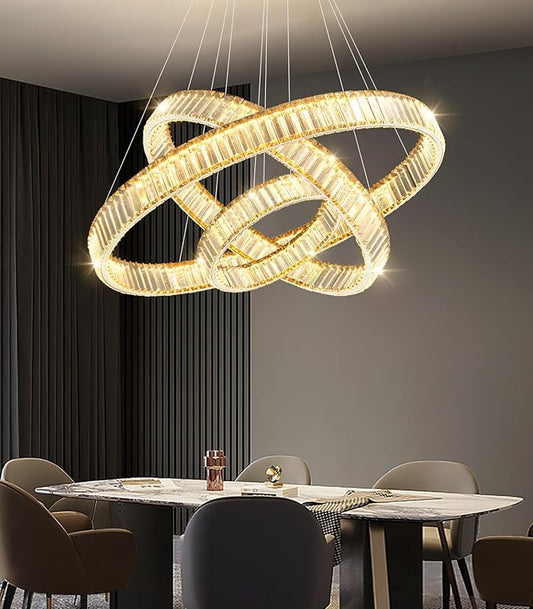 16‘’+24‘’+32'' Modern Ring Chandelier Crystal Chandeliers for Dining Room Round LED Dimmable Ceiling Light Fixture for Living Room Bedroom Lighting Gold