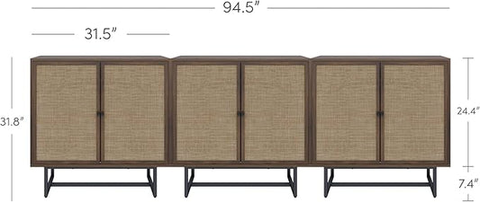 Nathan James Kova Bohemian Rattan Sideboard or TV Stand, Wooden Storage Cabinet with Doors, Walnut Sideboard Buffet or Rattan Accent Storage Cabinet with Matte Black Legs, Set of 3
