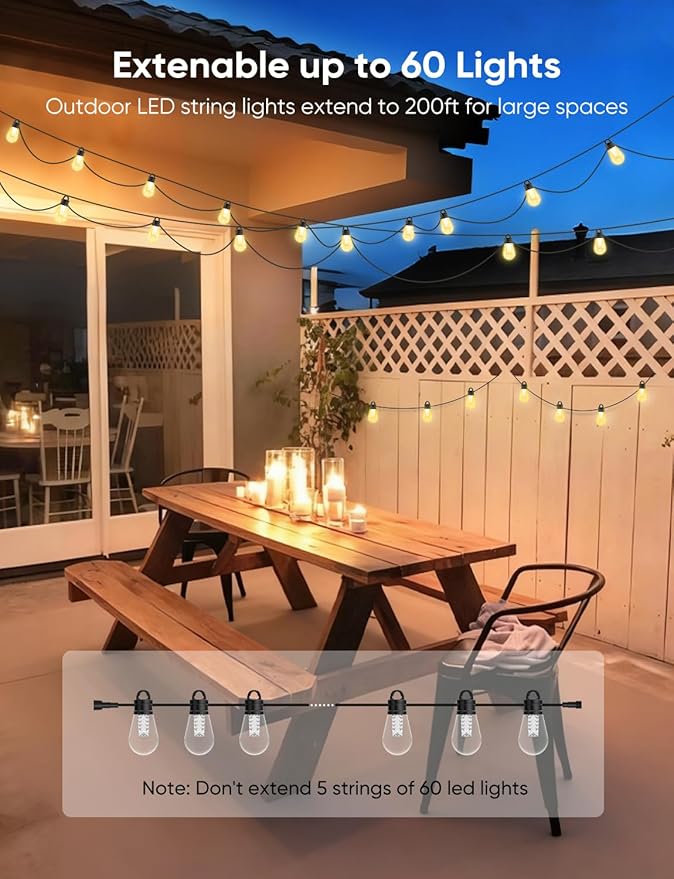 APPECK Outdoor String Lights, 150ft Smart RGBW Outdoor Patio Lights with 45 LED Bulbs, Extendable, 111 Scene Modes, IP65 Waterproof Lighting for Outside, Dimmable Warm White, Compatible with Alexa