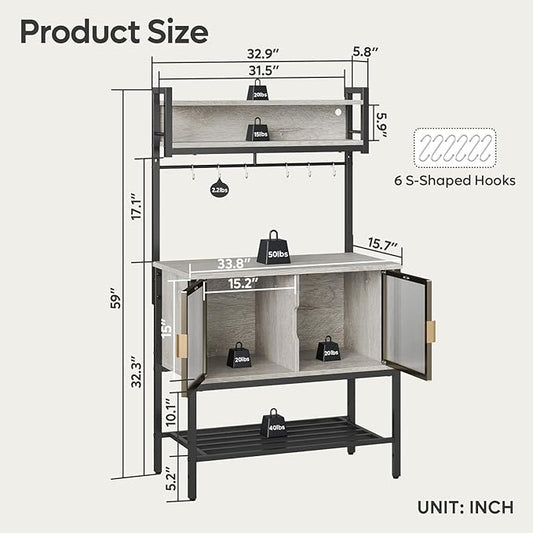 Bestier Coffee Bar with Storage, 5 Tier Microwave Stand with LED Lights, Kitchen Bakers Rack with Cabinet, Heavy Duty Storage Shelves for Kitchen Garage Pantry(Retro Grey Oak Light)