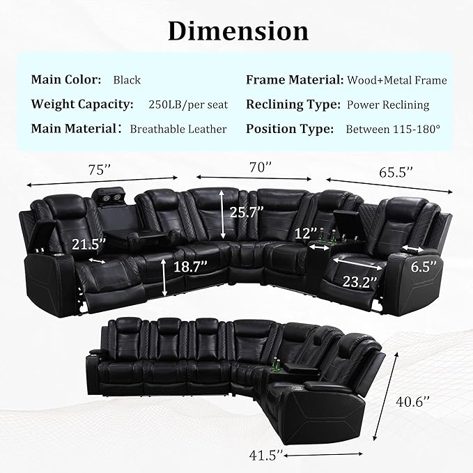Power Recliner Sectional Sofa with LED, Breathing Leather Reclining Sectional Couch, L Shaped Couch with Dual Recliners, USB Port, Cup Holder&Storage (Black Pro, Sectional+Loveseat(8 Seats))