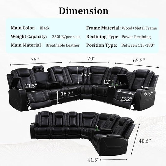 Breathing Leather Reclining Sectional Sofa with LED,Power Recliner Sectional Couch with Armrest Storage&Cup Holders, L Shaped Recliner Corner Couch for Living Room (Black Upgraded)