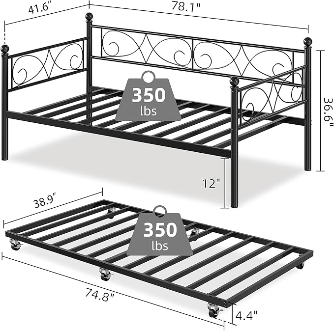 IDEALHOUSE Twin Daybed with Trundle, Metal Trundle Bed, Sofa Bed Frame, Heavy Duty Metal Slats, for Living Room, Bedroom, Guest Room, Space Saving, Black