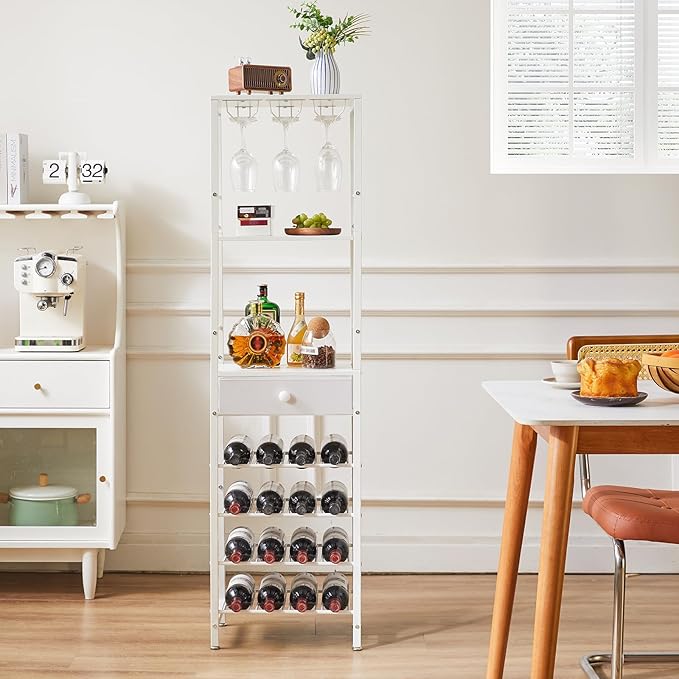IBUYKE Wine Rack Freestanding Floor, Bar Cabinet for Liquor and Glasses,Coffee Bar Cabinet 4-Tier Wood bar Cabinet,Glass Holder and Storage Drawer for Home Bar Kitchen Living Room,White UTMJ905W