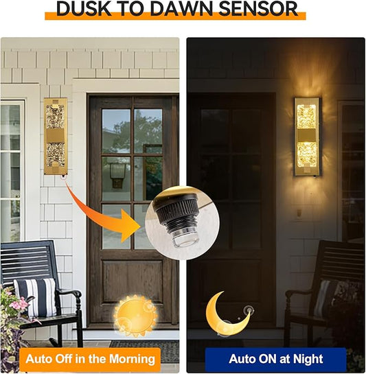 Dusk to Dawn Outdoor Lighting 2 PCS 15.6'' Porch Lights Outdoor IP65 Waterproof Gold Exterior Lighting Fixtures 12W LED Ripple Crystal Glass Modern Outside Light for House Hallway Doorway Patio