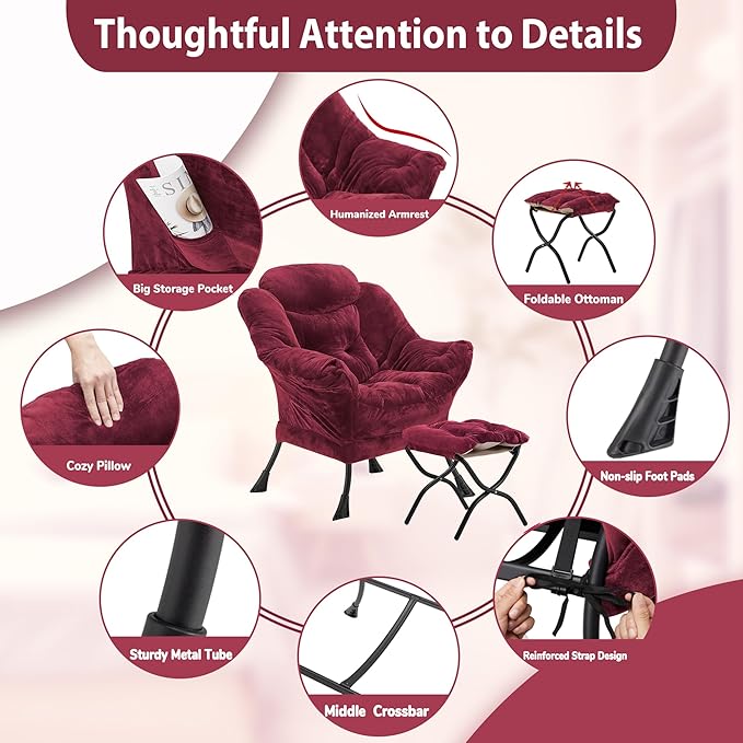 Lazy Chair with Folding Ottoman, Accent Chair Plush Upholstered with Metal Structure and Non-Slip Pads, Sofa Armchair with Footrest and Side Storage Bag for Dorm, Room, Office, Rose Red