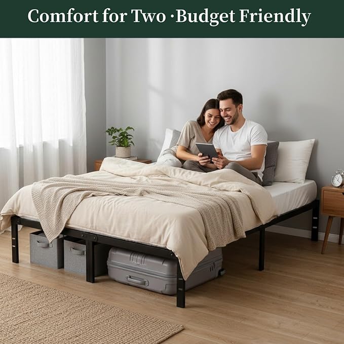 Full Size Bed Frame, 14 Inch Metal Platform Bed Frames with Heavy Duty Steel Slat Support, No Box Spring Needed, Easy Assembly, Under Bed Storage