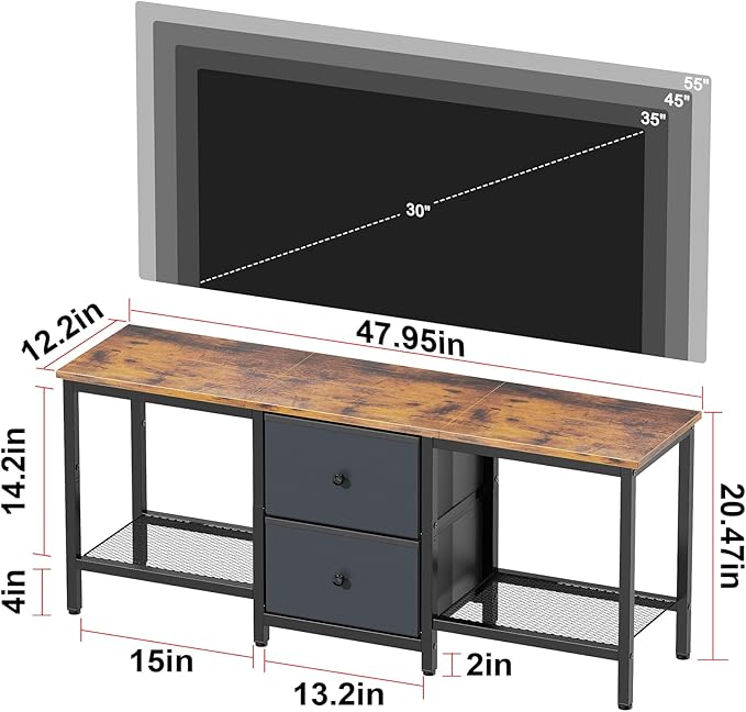 TV Stand Suitable for TVs up to 55 Inches, Entertainment Center with Storage Drawers and Shelves, Media Console Table for Living Room and Bedroom (Brown Black)