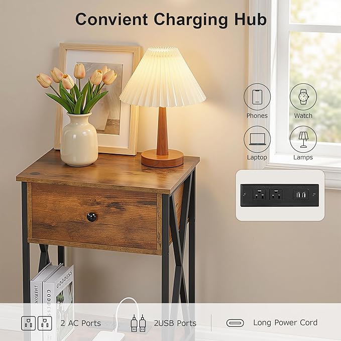 VECELO Nightstand Set of 2,End Tables with Charger Station,Bed Side Table with Open Shelf &USB Ports & Outlets,Small Dresser for Bedroom, Living Room,Rustic Brown