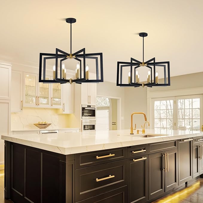 27.6" Modern Black and Gold Chandelier for Dining Room, 8-Light Easy To Install Farmhouse Dining Room Light Fixture Over Table, Industrial Hanging Pendant Lights for Kitchen Island, Foyer, Entryway