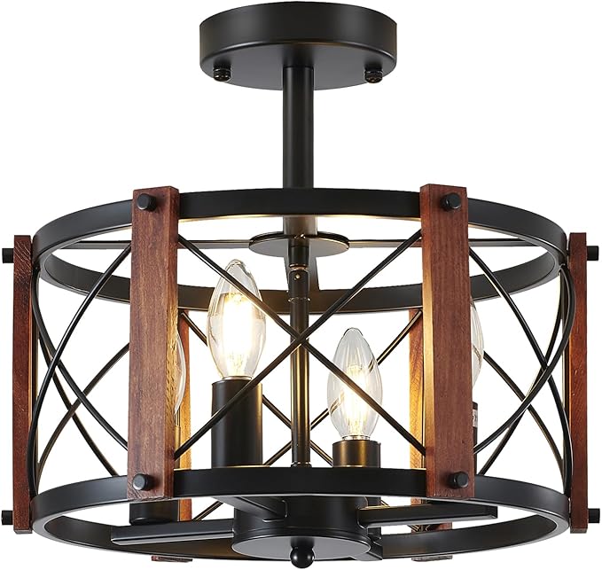 4-Light Farmhouse Wood Semi Flush Mount Ceiling Light, Black Hallway Light Fixtures, Rustic Industrial Close to Ceiling Light Fixtures for Kitchen Entryway Laundry Dining Room Ceiling Light Fixture