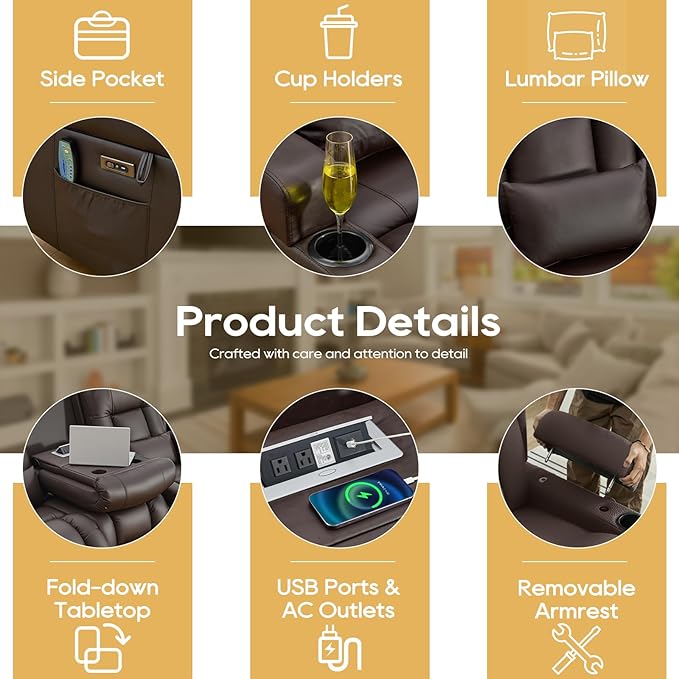 IPKIG Power Recliner Sofa with Flip-Up Backrest Console, USB & USB-C Ports, AC Outlet, LED Lights, Wall Hugger Recliners for Living Room, RV (Brown, 77.53" - 5 Seat) | Faux Leather, Zero Gravity, Dual Reclining, 2 Lumabr Pillow