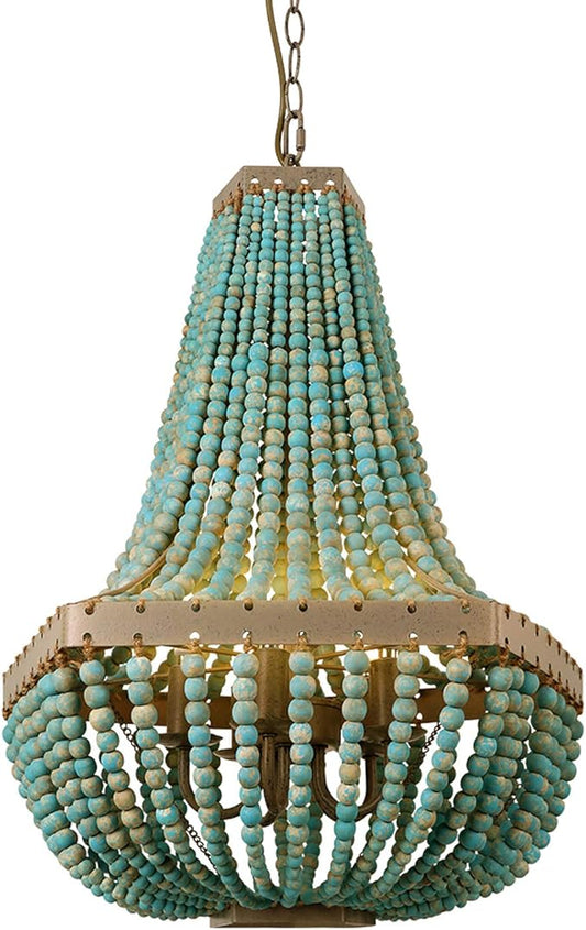 Newrays Wood Bead Chandelier Pendant Gray Blue Finishing Bohemian Boho Beachy Ceiling Lamp Light Fixtures (18.89 in*24.40 in)