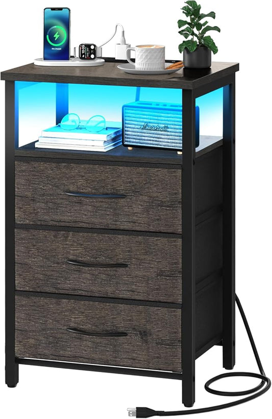 Yoobure Night Stand with Charging Station, 16 Colors LED Nightstand with USB Ports and Outlets, End Table with 3 Fabric Drawers and Storage Shelf, Bedside Tables Small Dresser for Small Space Gray