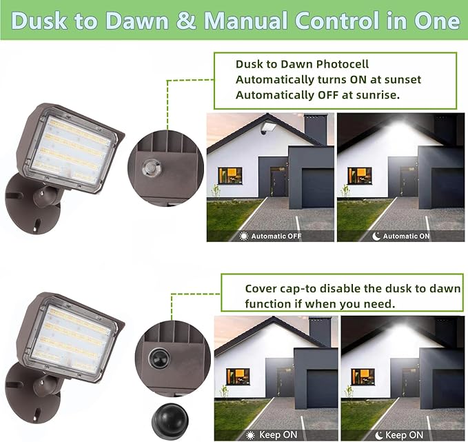 2Pack Dusk to Dawn Outdoor 60W LED Flood Light with Knuckle & Plate Mount, 3000K/4000K/5000K Color Selectable, ETL Commercial LED Security Lighting