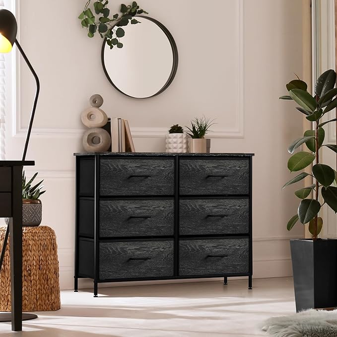 Sorbus Dresser with 6 Faux Wood Drawers - Chest Organizer Unit with Steel Frame Wood Top & Handle Easy Pull Fabric Bins for Clothes - Storage Furniture for Bedroom, Hallway, Living Room & Closet