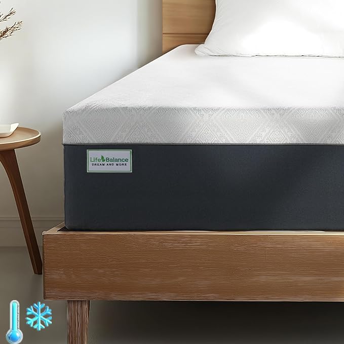 Life Balance Queen Size Mattress, 10 Inch Cooling-Gel Memory Foam Mattress Made in USA, CertiPUR-US Certified Mattresses in a Box, Medium Firm, Pressure Relief, Motion Isolation, CY-10-Q-V