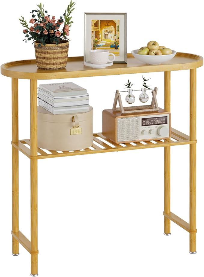 Small Entryway Table Bamboo 30.7", Narrow Hallway Table Oval Top 2-tier, Slim Console Table with Anti-fall Edge, Sofa Side Table 5min Easy Assembly, Small TV Stand for Bedroom, Indoor Plant Stand