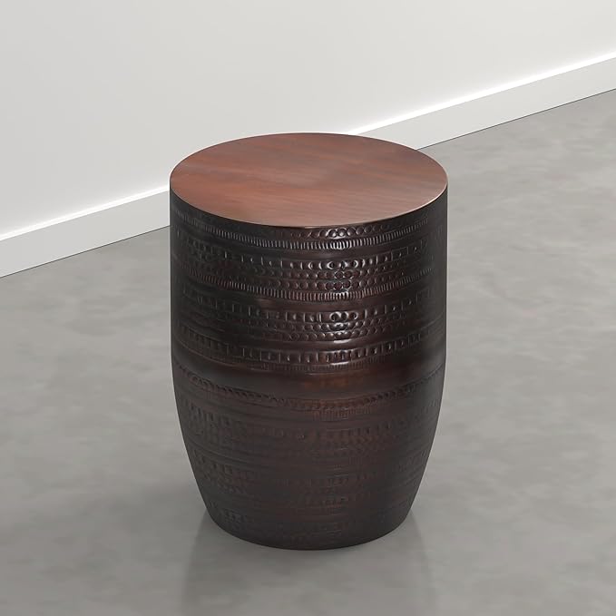 SIMPLIHOME Johnsen Tribal Accent Table – 15 inch Wide Round Metal Drum Side Table in Dark Bronze, Rustic Boho Accent Table for Living Room with Embossed Tribal Pattern, Assembled