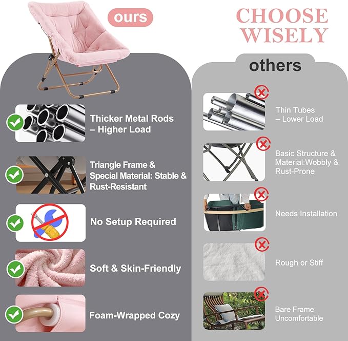 Modern Pink Faux Fur Foldable Metal Frame Recliner Chair for Bedroom, Living Room, Balcony