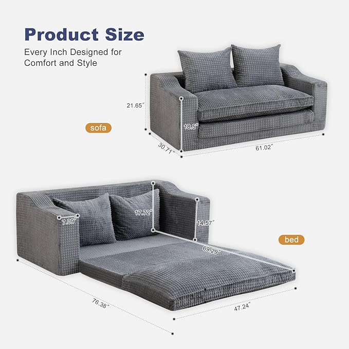 61" Convertible Sofa Bed Loveseat, Memory Foam Boneless Floor Couch with Removable Corduroy Cover, Tri-folding Compact Full-size Sleeper for Small Living Room, Playroom, Guest Room, RV (Dark Gray) | Convertible Sofa Bed, Premium Memory Foam, Ergonomic ...
