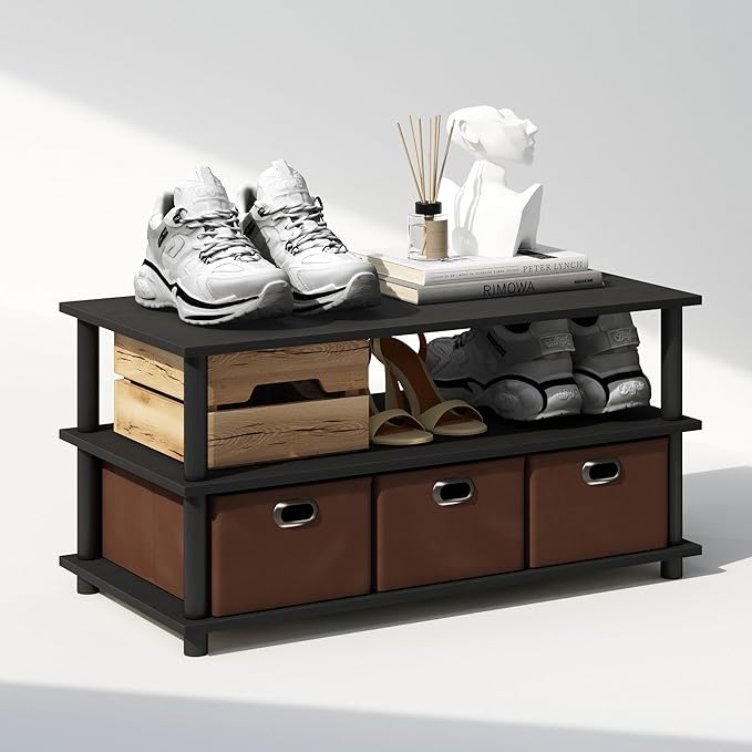 Furinno Turn-N-Tube Shoe Rack, Compact Shoe Organizer, Multipurpose Shoe Storage with Bin Drawers and Open Shelves, 15.5 x 31.2 x 15.4, for Closet Entryway, Office, Garage, Black Oak/Black/Brown