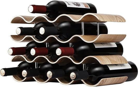 Countertop Wine Rack - 14 Bottle Freestanding Wine Bottle Holder Stand - 4 Tier Wooden Wine Storage Rack - Wavy Wine Organizer for Cabinet Pantry Home Kitchen Bar