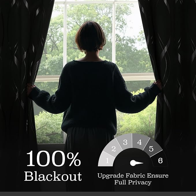 NICETOWN 100% Blackout Greyish Green Blackout Curtain Panels for Bedroom 63 inch Long, Thermal Insulated Wave Line Foil Print Design Drapes for Patio Sliding Glass Door, 52" x 63", 2 Panels