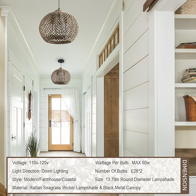 13.79" Rattan Coastal Pendant Light Fixture,Boho 2-Light Kitchen Island Ceiling Hanging Lighting Wicker Hand Woven Farmhouse Chandelier,for Bedroom, Dining Room, Entryway, Foyer