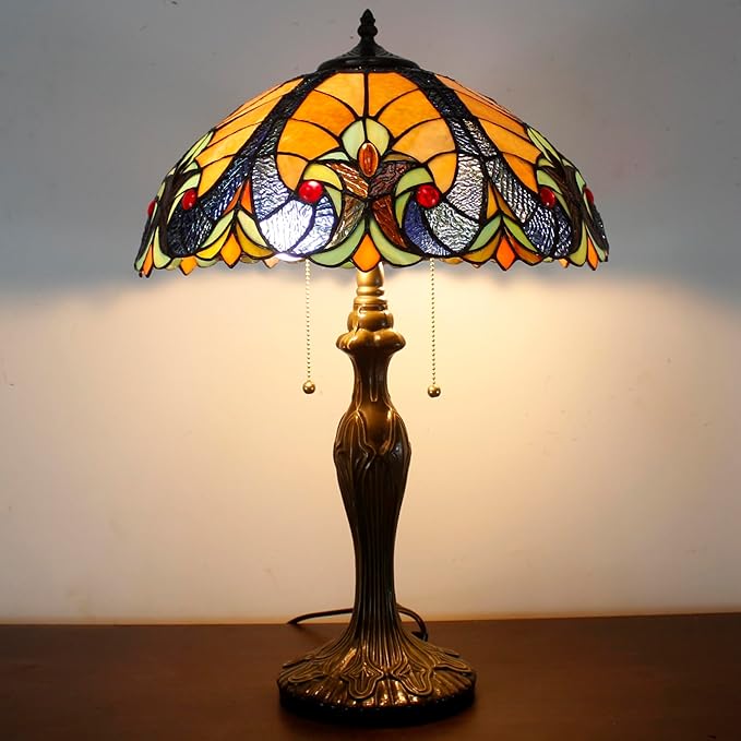 WERFACTORY Tiffany Table Lamp Yellow Liaison Stained Glass Bedside Lamp 16X16X24 Inches Desk Reading Light Metal Base Decor Bedroom Living Room Home Office S160E Series