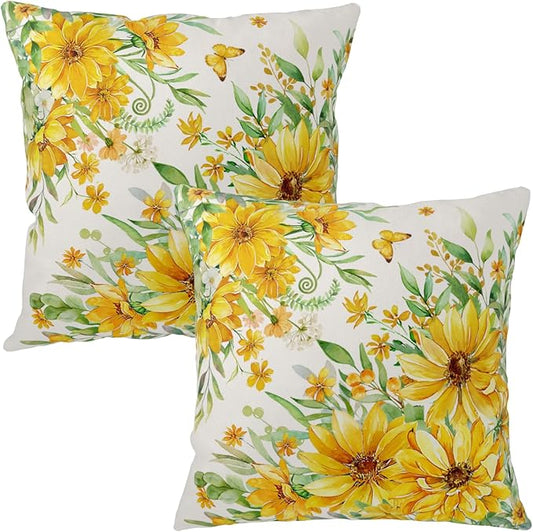Daisy Pillow Covers 20x20 Set of 2 Summer Yellow Floral Sunflower Butterfly Decorative Throw Pillows Seasonal Spring Flowers Outdoor Cushion Case for Home Couch Sofa Decor