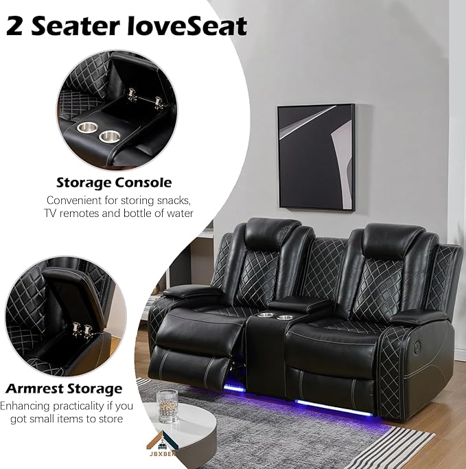 Power Recliner Sofa Set for Living Room, Leather Reclining Sofa Sets with Storage Console, Living Room Furniture Sets with LED Lights(Loveseat,Black)