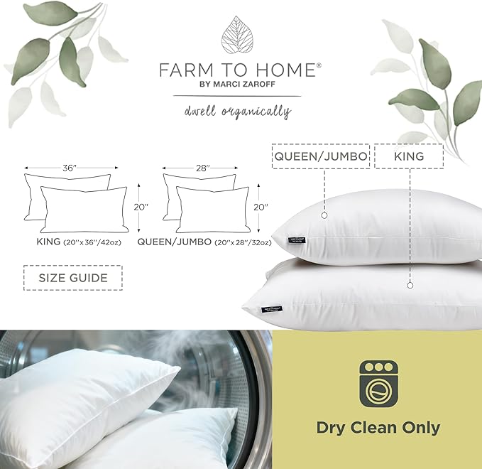 Farm to Home Feather and Down Pillows, 100% Organic Cotton Cover Pillows, Luxury Hotel Collection Bed Pillows for Sleeping, 20" x 36" King Size Set of 2