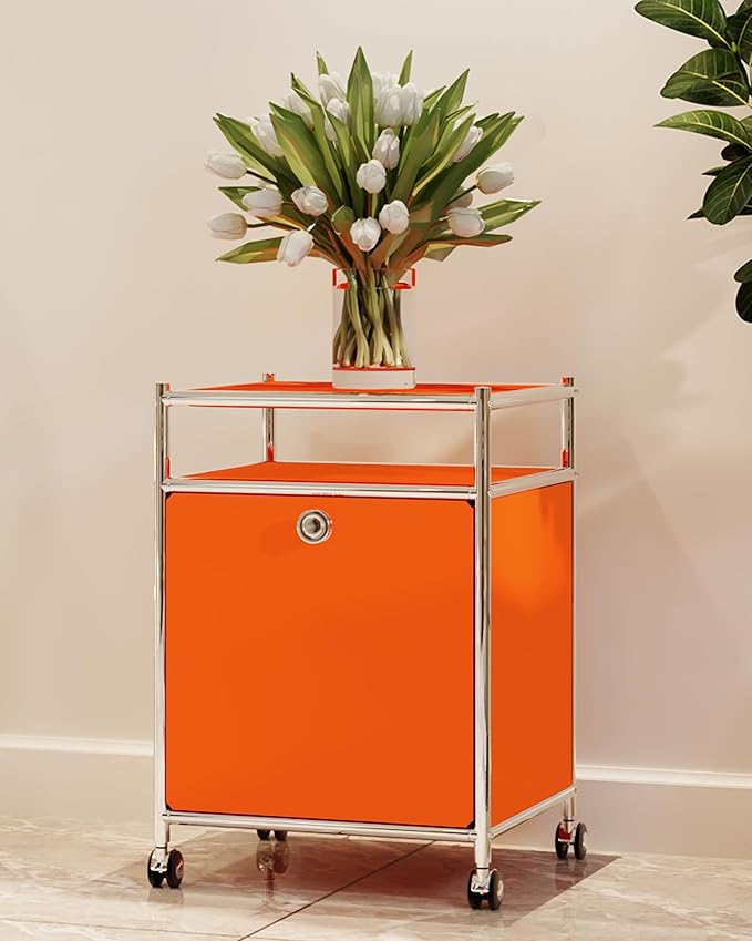 Elegant Matte Storage Cart with 22.8" Height - Perfect Side Table, Night Stand - Large Capacity with Flap Door, Detachable Wheels - Ideal for Home, Office, Bedroom, Kitchen (Orange)