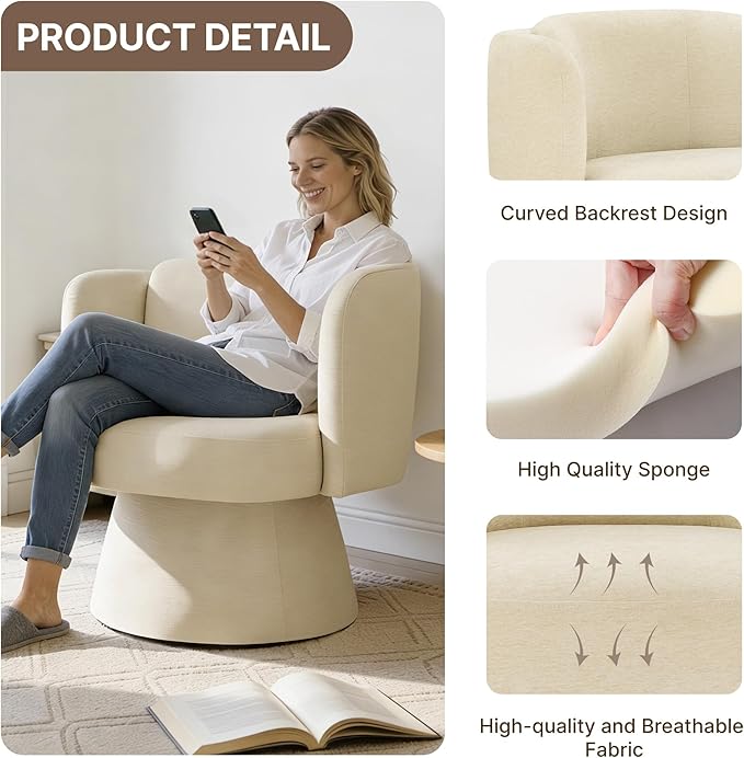 Swivel Barrel Chair,360° Accent Chairs with Round Backrest,Upholstered Lounge Chair for Vanity,Living Room,Bedroom,Reading Nook,Sand
