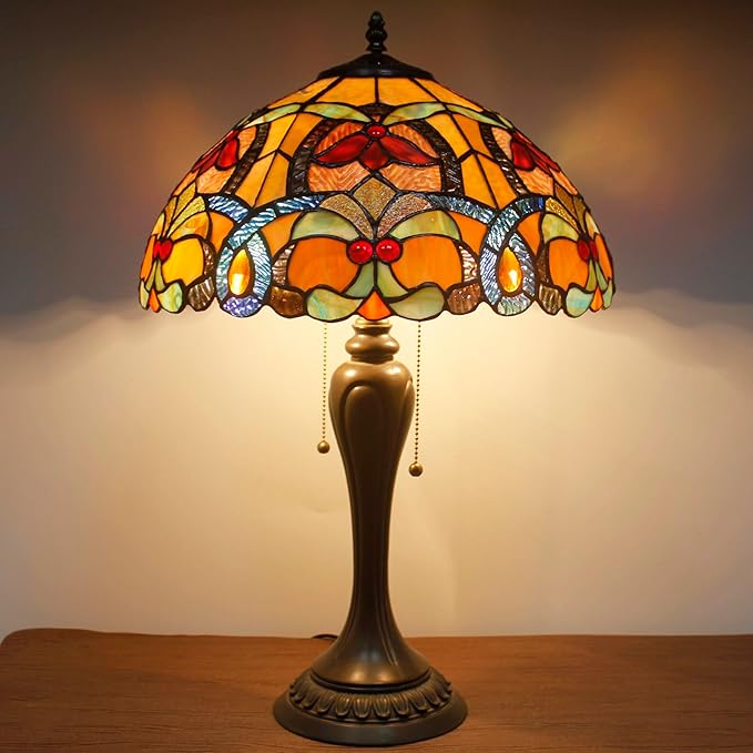 WERFACTORY Tiffany Table Lamp Orange Stained Glass Bedside Lamp 16X16X24 Inches Desk Reading Light Resin Base Decor Bedroom Living Room Home Office S617 Series
