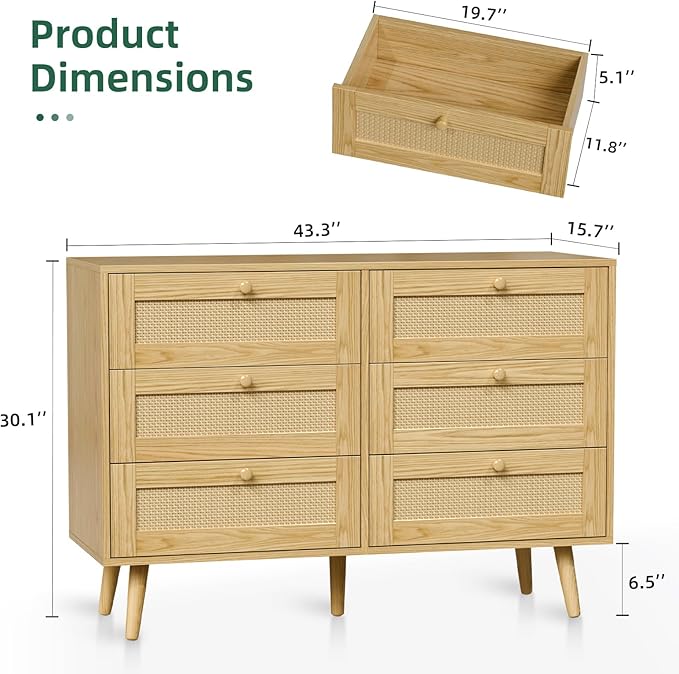6 Drawer Rattan Dresser for Bedroom, Modern Wooden Dresser Chest with Handles for Bedroom, Hallway and Living Room, Wood Oak