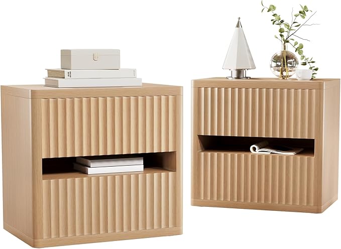 Dripex Fluted Nightstand Set of 2, 22'' Wide Night Stand with 2 Large Drawers, Mid Century Modern Wood Bedside Table with Open Shelf, Large Bed Side End Table for Bedroom, Natural Oak