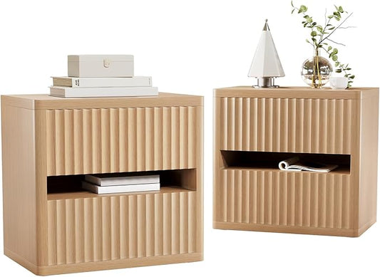 Dripex Fluted Nightstand Set of 2, 22'' Wide Night Stand with 2 Large Drawers, Mid Century Modern Wood Bedside Table with Open Shelf, Large Bed Side End Table for Bedroom, Natural Oak